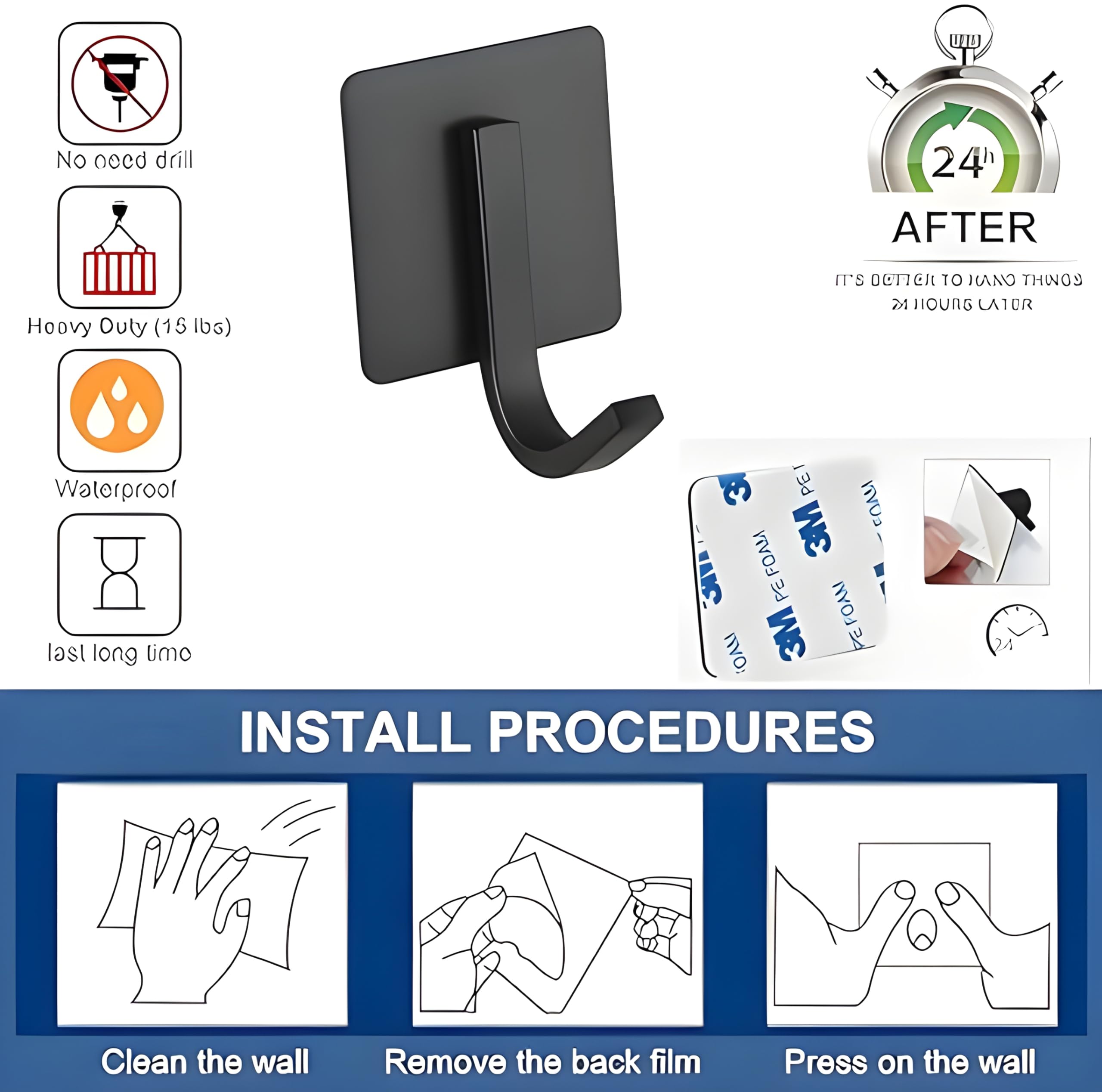 JIALTO 4 pcs Self-Adhesive Stainless Steel Hooks: Heavy-Duty Wall Hangings, Waterproof & Drill-Free - Strong Towel, Coat, and Kitchen Hooks for Bathroom and Kitchen (matt j Hook Black) 2