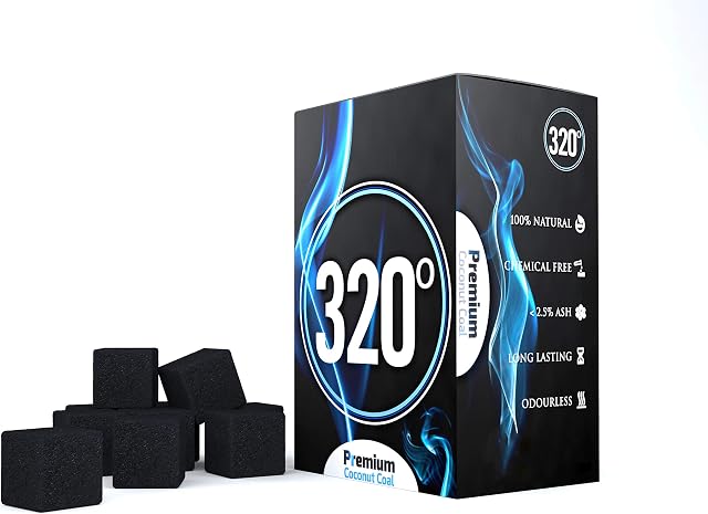 320° Premium Coconut Shisha Charcoal Coal (25mm Cubes) for Hookah BBQ 1 kg - 72 Pieces
