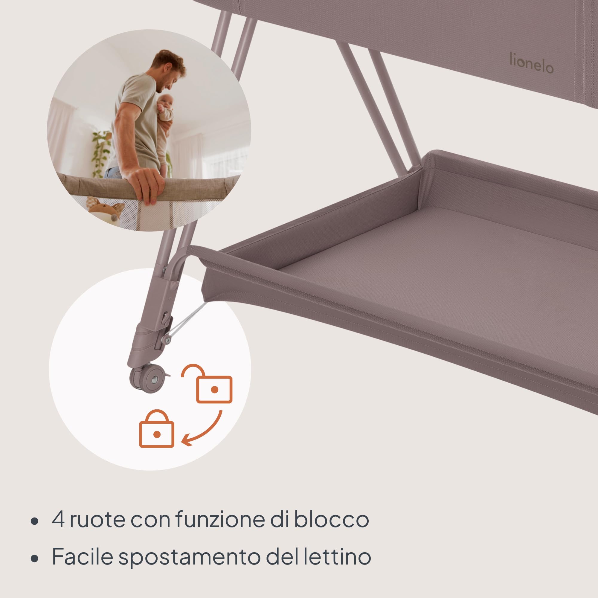 lionelo LUNA lettino portatile con materasso, co-sleeping, da neonato a 9kg, altezza e inclinazione regolabili, 4 ruote con blocco, fissaggio al letto dei genitori, arioso lettino da affiancare