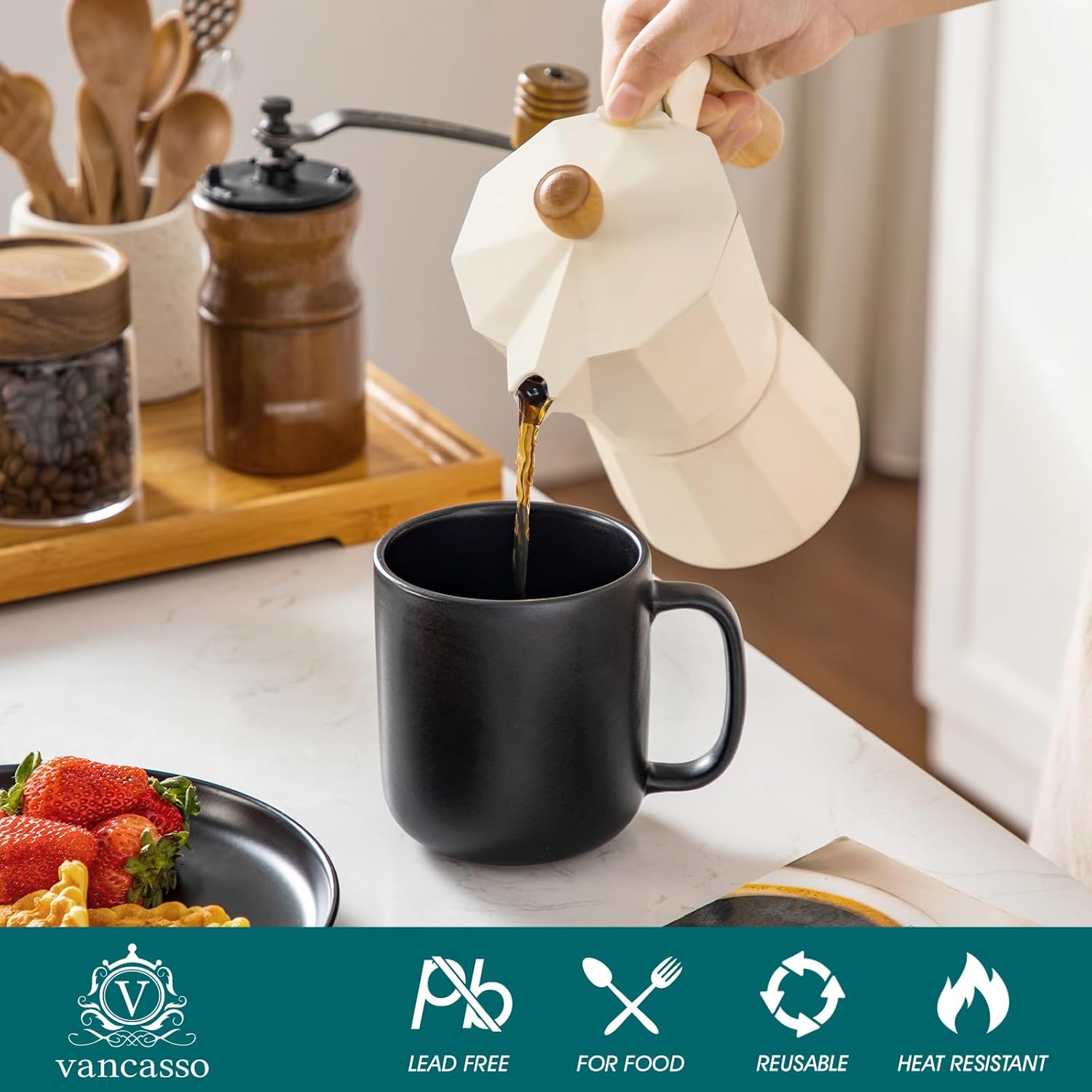 vancasso Stoneware Coffee Mugs Set, 16 oz Ceramic Coffee Cups for Americano Hot Tea Iced Coffee Cold Brew Cocoa Milk Mugs Set of 6, Dishwasher & Microwave Safe, Matte Black - Image 4