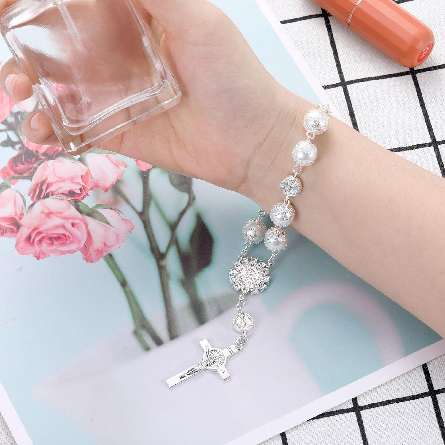 Frienda 4 Pcs Car Rosary for Rearview Mirror Saint Benedict Car Mirror Hanging Accessories Rearview Auto Rosary Hanging Catholic Medal for Truck Motorcycle Accessories Decors(White) - Image 5