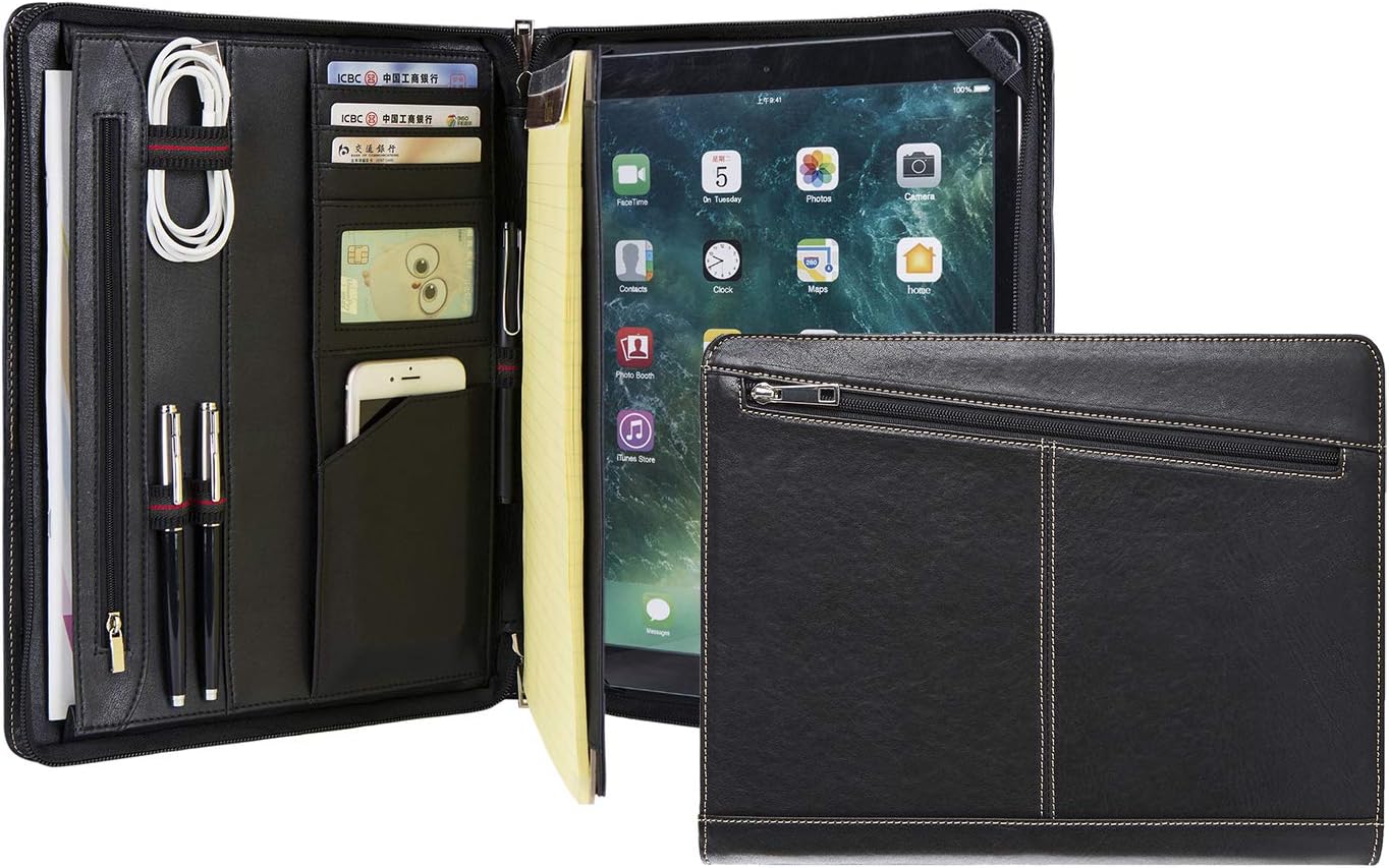 Handmade Genuine Leather A4 Conference Folder Zipped,Business Portfolio Case for iPad Pro 12.9 (2015/2017), Padfolio Organiser for Men,Black