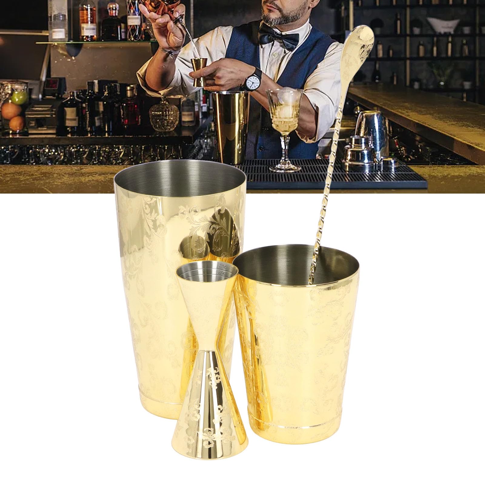 Juego de coctelera Boston, Lata y Taza para Mezclar de Acero Inoxidable 304 con Jigger y Cuchara de onzas, colección de Herramientas de Bartending (Conjunto Tres)