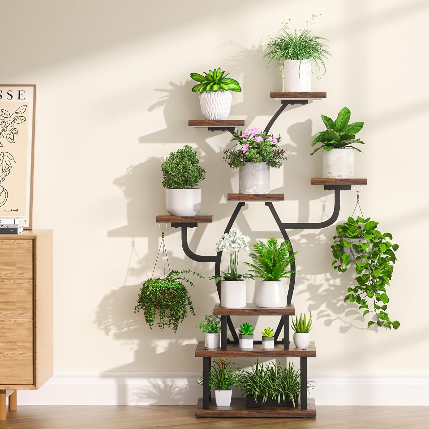Tovve Plant Stand Indoor with Grow Light, 8 Tiered 48" Small Plant Shelf, Corner Plant Stand Stand for Indoor Plants Multiple, Metal Humen-Shaped Plant Flower Holder, for Living Room, Patio, Balcony