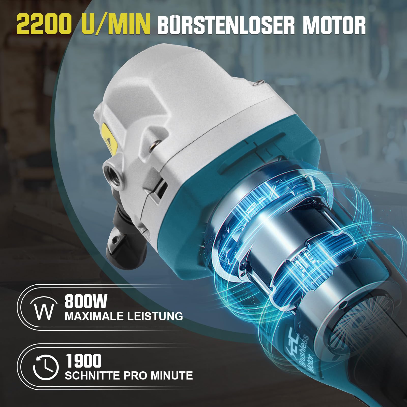 Knabber Blechknabber Kompatibel mit Makita 18V Akku, 800W 2200 U/min Bürstenlose Elektrischer Blechschere Metallknabber mit 360° drehbarer Knabberkop zum Schneiden von Edelstahl, Aluminium(ohne Akku)