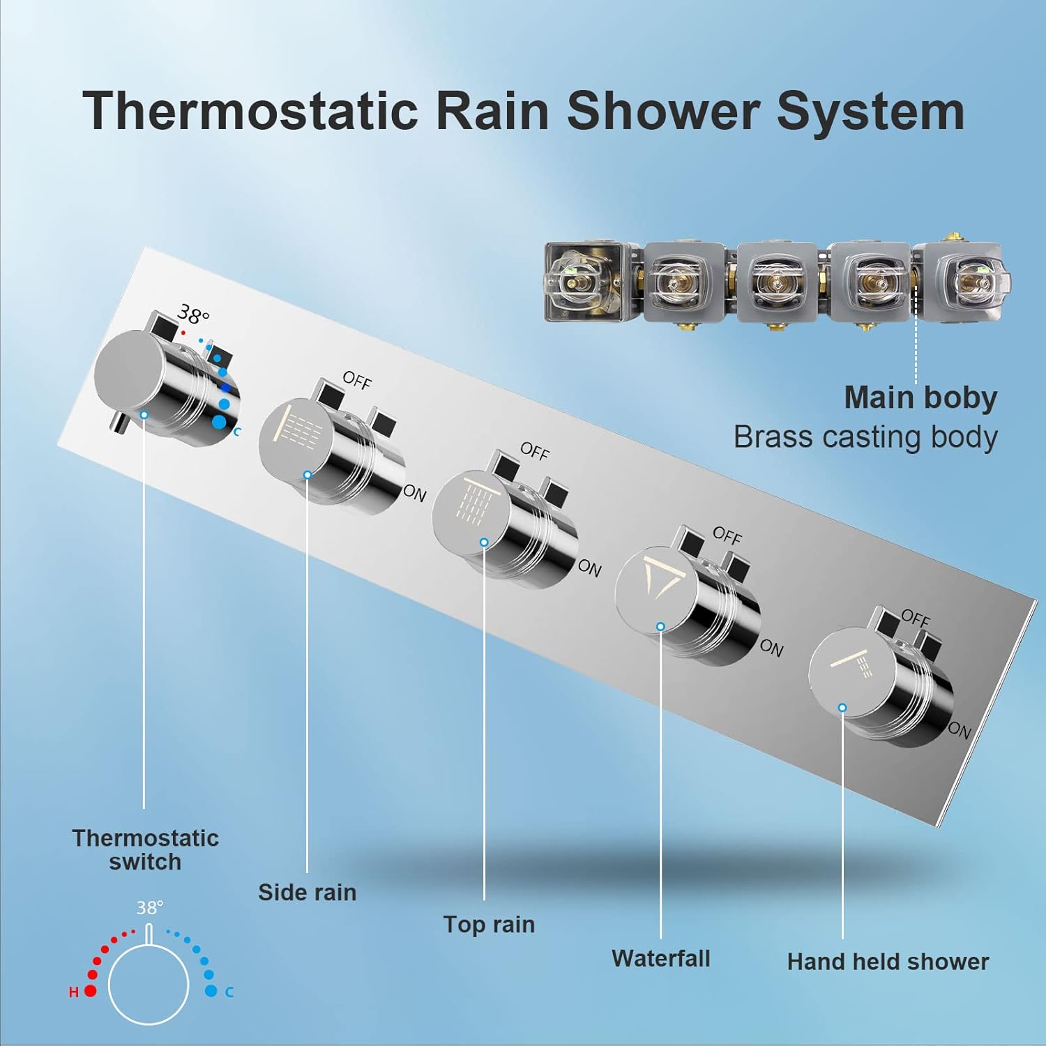 Thermostatic Shower System, 23 Inch BZXYN Ceiling Mount Shower System with Body Jets, LED Music Rainfall Shower System with Handheld and Body Jets, Bathroom Shower Faucet Set in Chrome