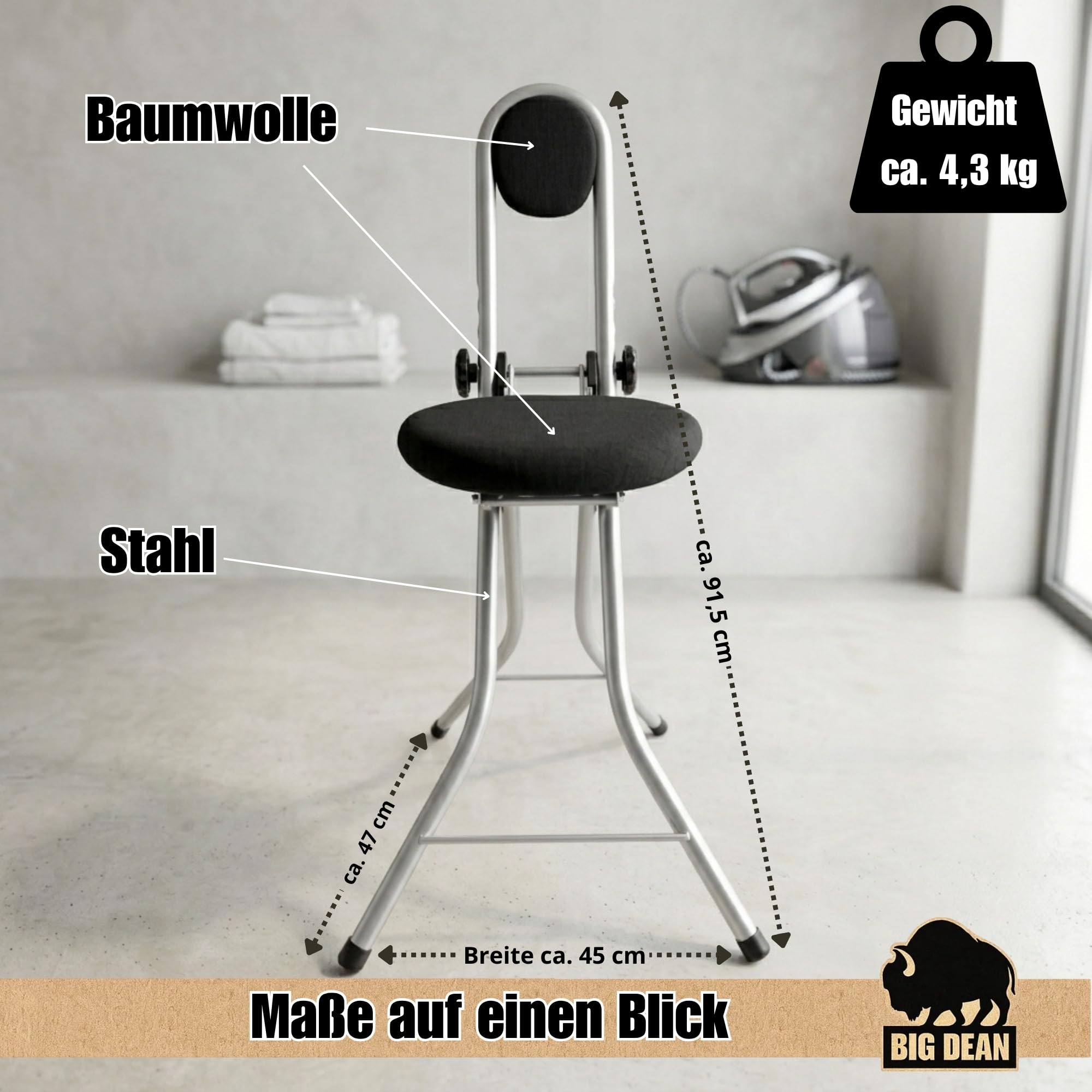 BigDean Bügelstehhilfe Stehhilfe Stehstuhl 4-Fach Höhenverstellbar Klappbar Ergonomisches Sitzen mit Rückenlehne