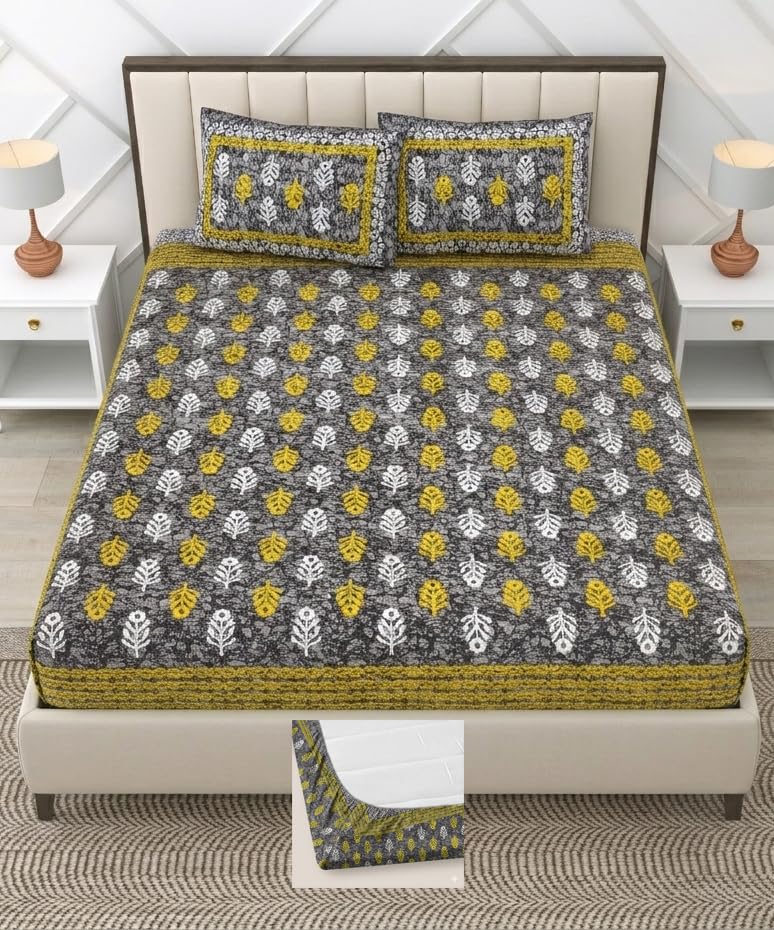 Image of RajasthaniKart Pure Cotton 144 TC Printed Double /Queen Bed Elastic Fitted Bedsheet with 2 Pillow Covers - All Around Elastic | 60 inchx78 inch, Fits Up to 8 inch Mattress | Jaipuri Print, 5301