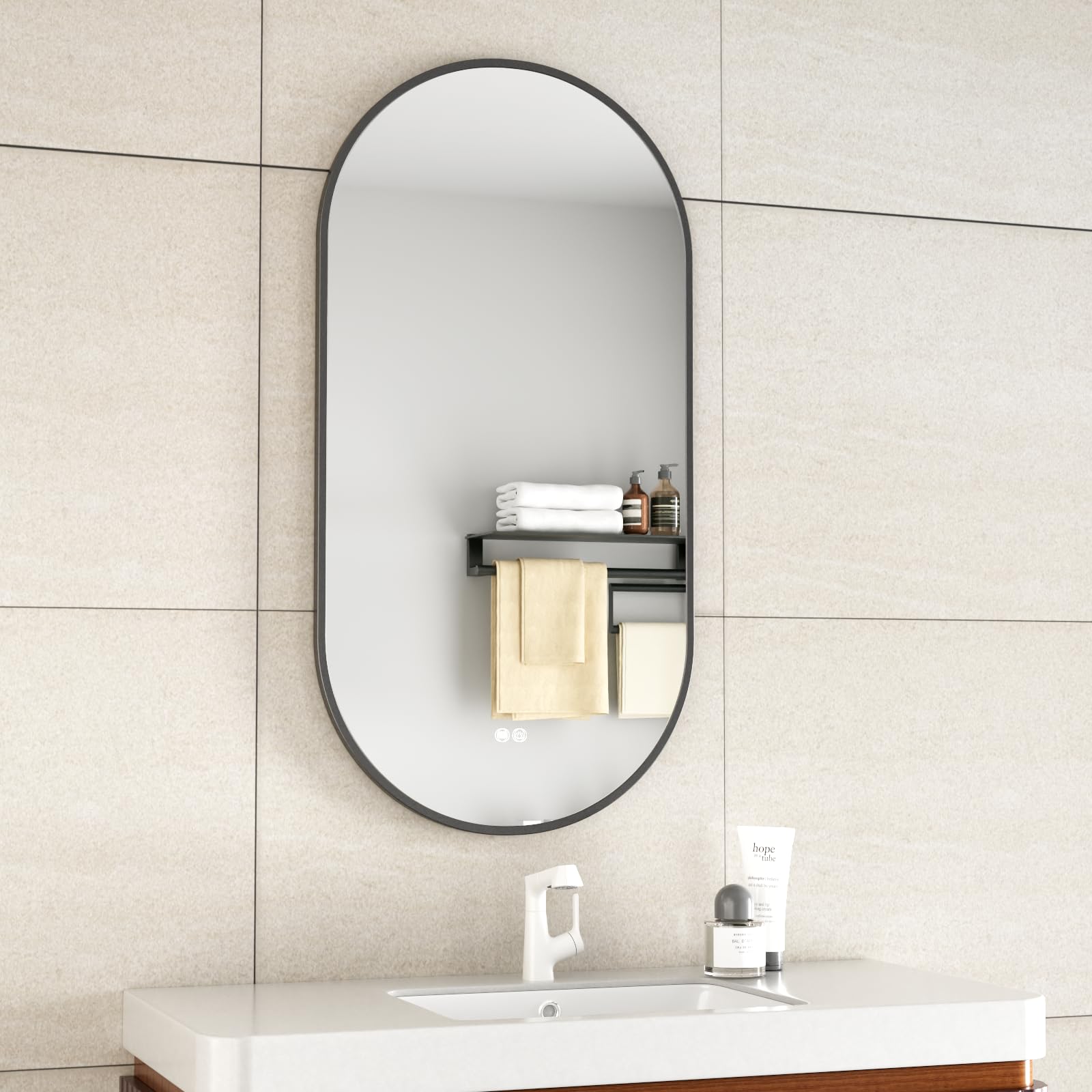 Espejo de baño ovalado de lujo de 50 x 100 cm, con calefacción antivaho, iluminación LED regulable, temperatura ajustable, pantalla táctil (negro mate)