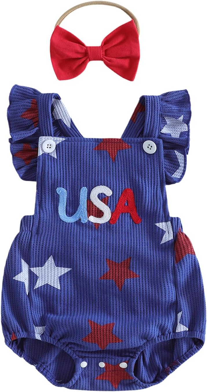 YINGISFITM 4th of July Baby Girl Outfits Fly Sleeve Usa Overalls Stars Romper Jumpsuit First Fourth of July Newborn Clothes