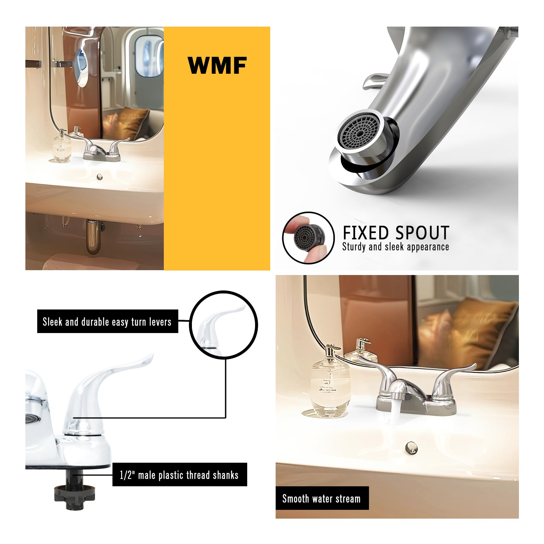 WMF-4224EUW-CP - RV Lavatory Bathroom Faucet Double Handle Washerless Cartridge Less Pop-up Chrome Plating Over ABS Plastic — view 2