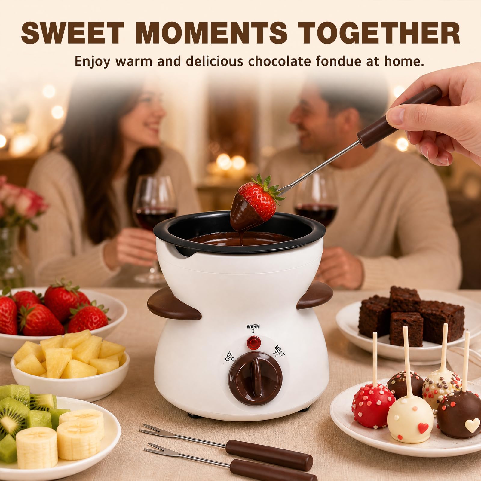 Fondue de chocolate eléctrico de 300 ml, derretidor de chocolate con 8 tenedores de acero inoxidable, juego de fondue para derretir chocolate y cobertura, regulador de temperatura para postres