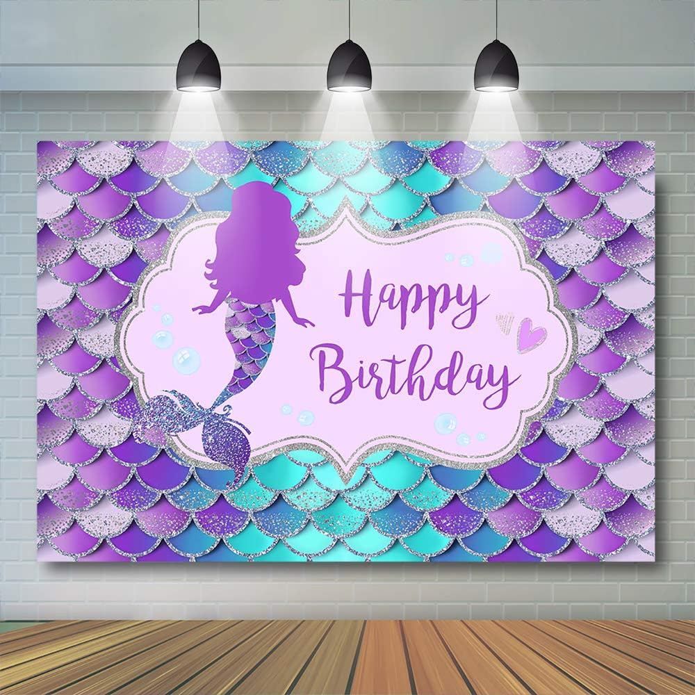 Popular Mocsicka Mermaid Birthday Backdrop Under The Sea Birthday Party Decoration for Girl Blue Purple Scales Photography Background (7x5ft (82x60 inch))