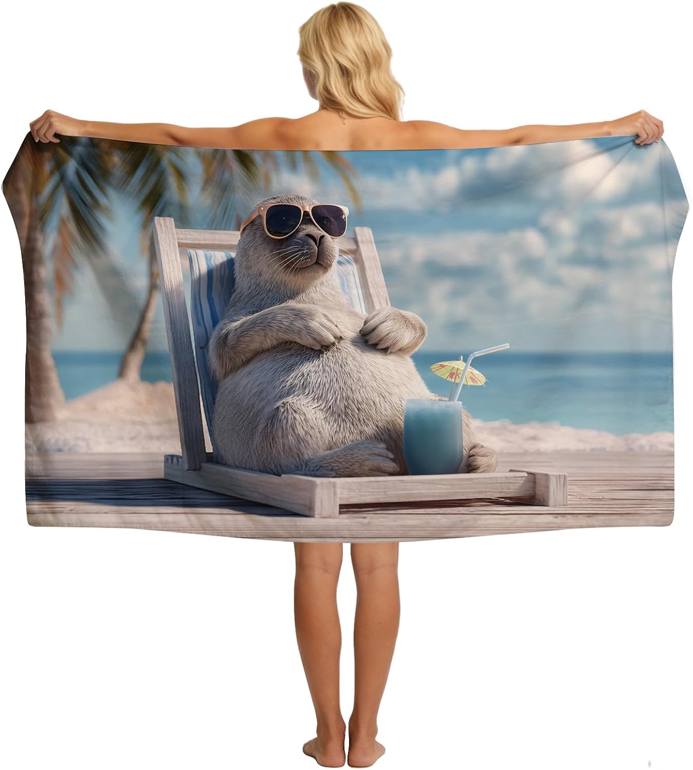 SARA NELL Seal Beach Towel, Cool Seal with Sunglasses and Drink Print, Summer Pool Beach Towel for Vacation Travel, Quick Dry Lightweight, 32"x52"