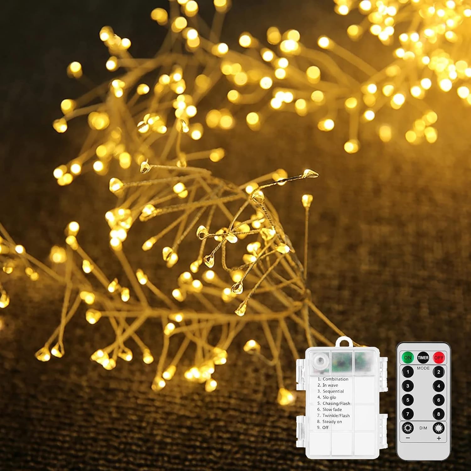 TAH Firecrackers String Lights, 3M 100LED Fairy Cluster Firecracker Firecrackers Cluster Garland Fairy Lights Battery Operated 8 Modes (Warm White)
