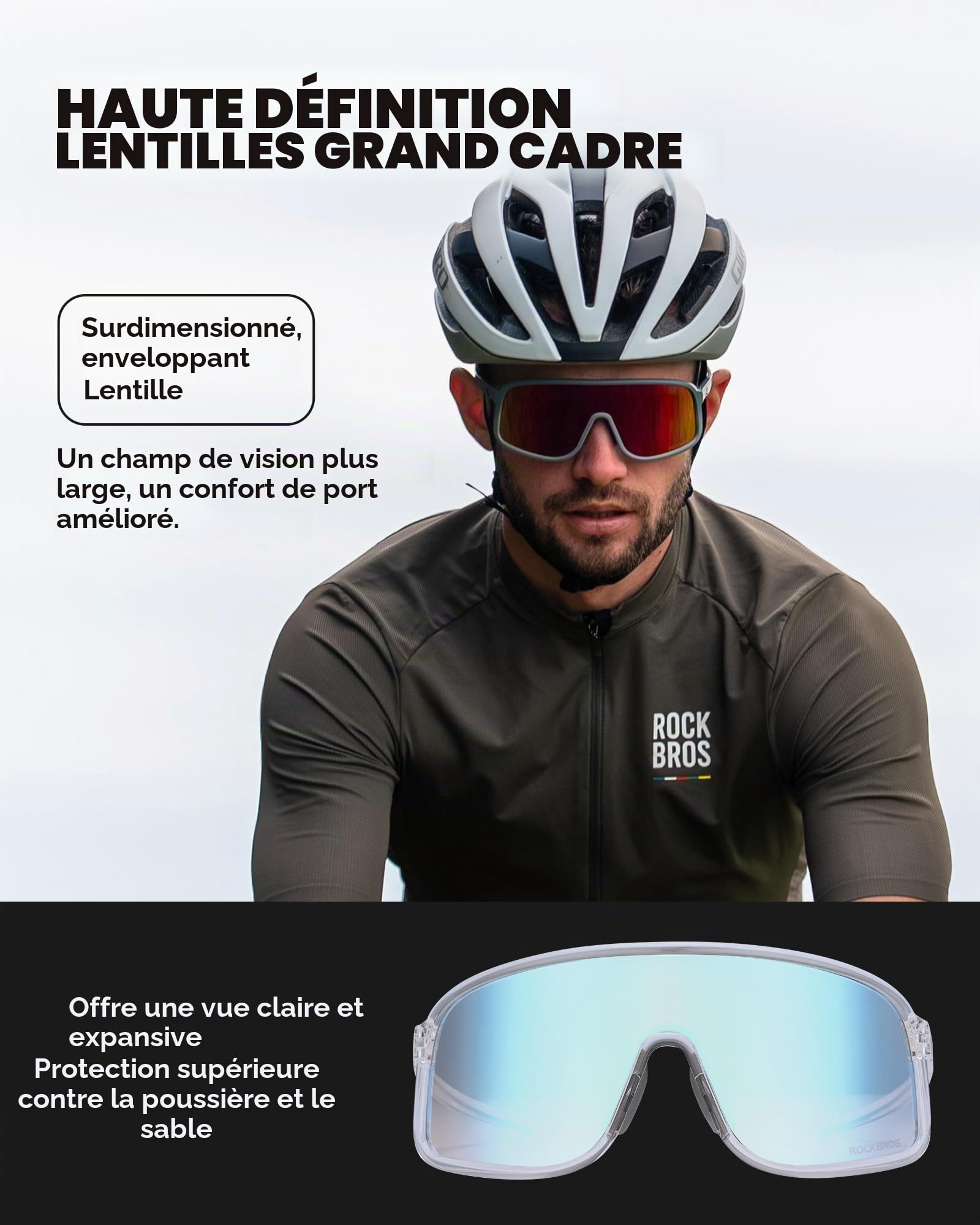 ROCKBROS Lunettes de Soleil Sport Photochromiques, Anti-UV400 Lunettes Cyclisme pour Hommes Femmes, Monture TR90 Air 31 g, Vélo VTT Pêche Course Conduite