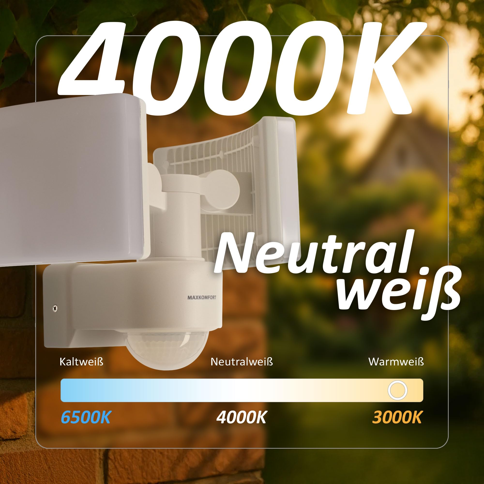 Maxkomfort LED Außenwandleuchte mit Bewegungsmelder Fluter Weiß Schwenkbar | 40W Neutralweiß 4000K IP65 3200lm | Eckmontage | Steuerung bis 500W | SUN3200