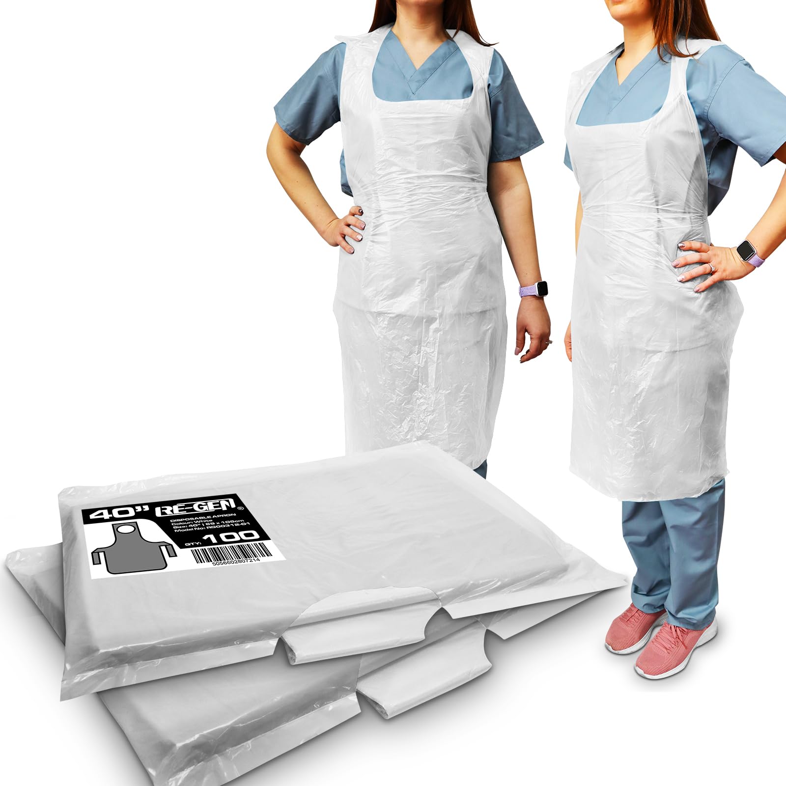Re-Gen White Disposable Polythene Cat 1 Aprons 200Pc, 2 Flat Packs | 69X105cm Long Length 40" | Premium Quality, Kitchen, Catering, Medical Healthcare, Workplace Cleaning Ppe | One Size