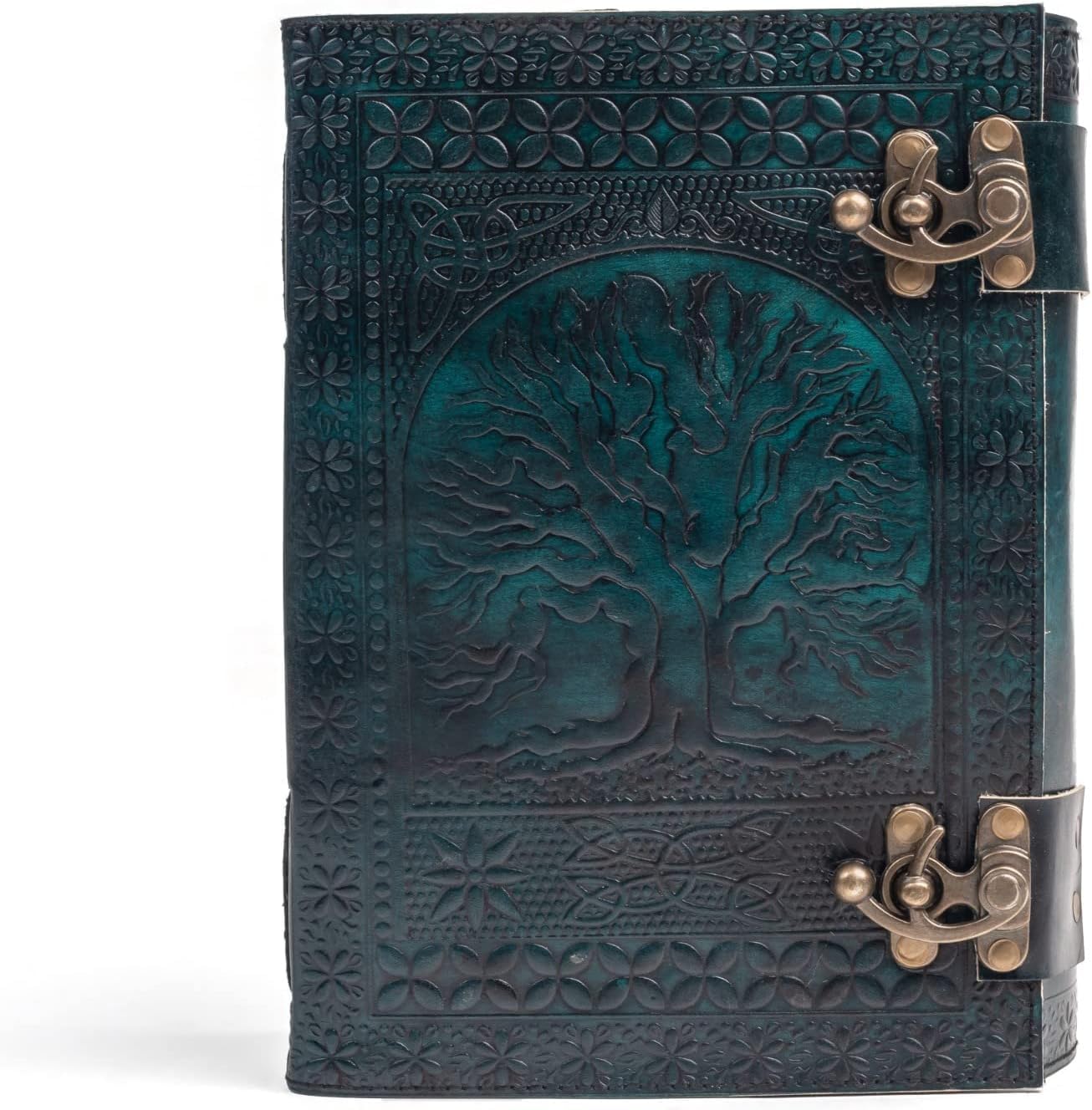 Handgefertigtes großes Leder-Tagebuch, 600 Seiten, geprägt, Baum des Lebens, Buch der Schatten, Notizbuch, 7 Chakra, Grimoire, Skizzenbuch, 17,8 x 25,4 cm, Lederbindung (grün)