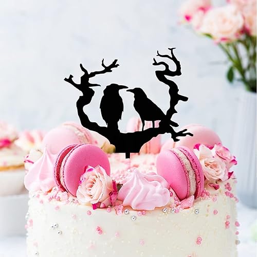 Miniatura 3 de Decoración para tartas de árbol muerto con dos cuervos y muertos, silueta simple, 5.9 pulgadas, acrílico, personalizable, fecha y nombre, para