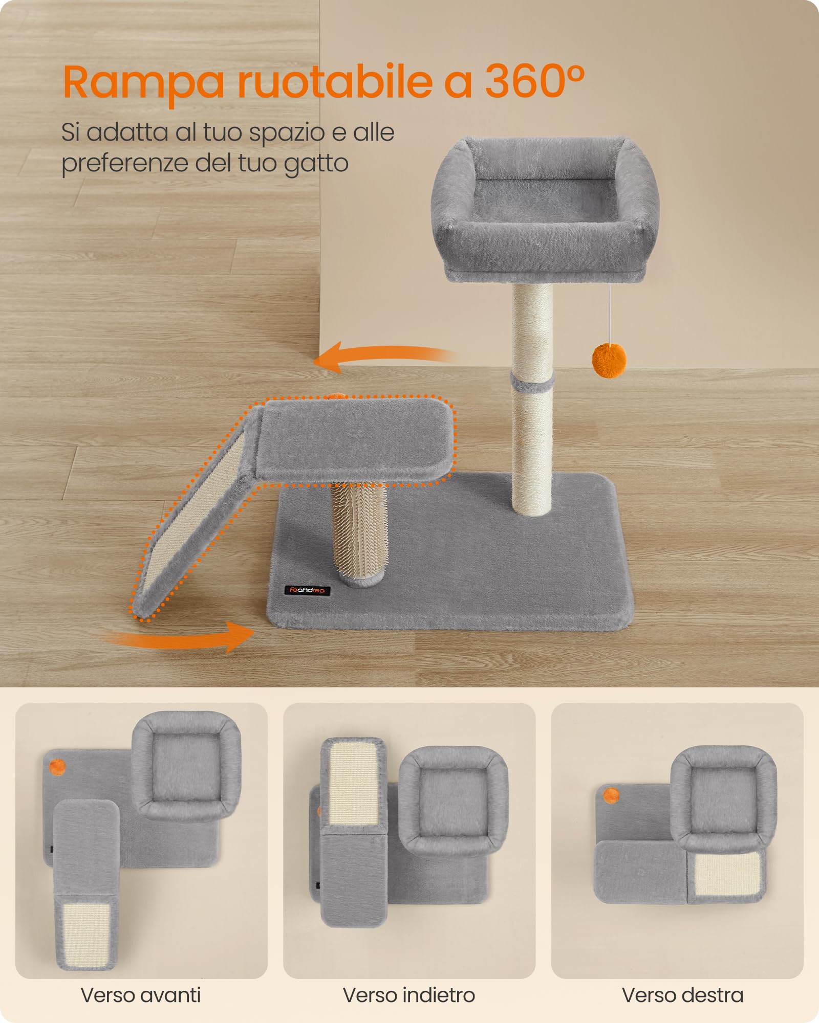 Feandrea Albero per Gatti con Lettino, Tiragraffi Multifunzionale da Interno con Rampa Graffiatoio Girevole, Trespolo, Auto-toelettatore, Pompon, Grigio Chiaro PCA024G01