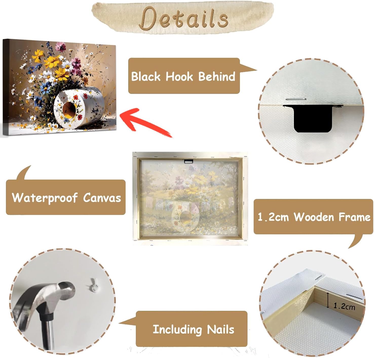 Funny Bathroom Wall Art, Watercolor Wildflower Toilet Paper Canvas Print, Framed Humorous Floral Bathroom Decor for Bathroom Powder Room, Ready to Hang 16x12 Inch