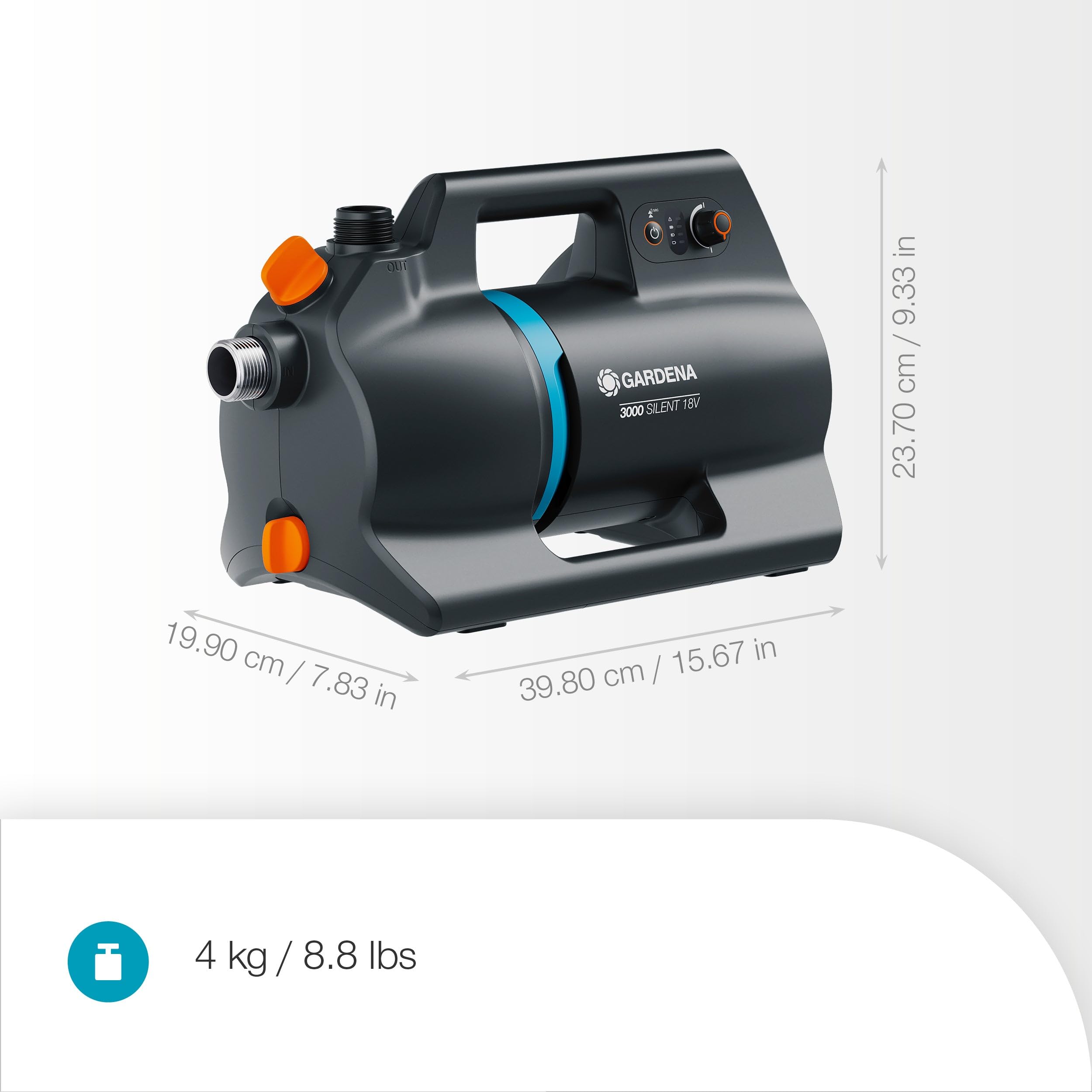 Gardena Akumulatorowa pompa ogrodowa 3000 Silent 18V P4A – zestaw z akumulatorem: Duża moc, Cicha praca, Wodoszczelna obudowa odporna na promieniowanie UV (14610-20)