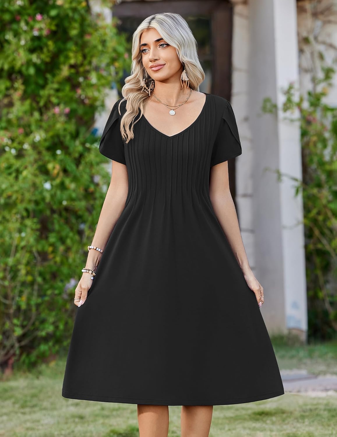 Zeagoo Women Midi Dresses for Summer 2026 Short Sleeve Casual Flowy Dress A Line Pleated V Neck Beach Sundress with Pockets - Image 4