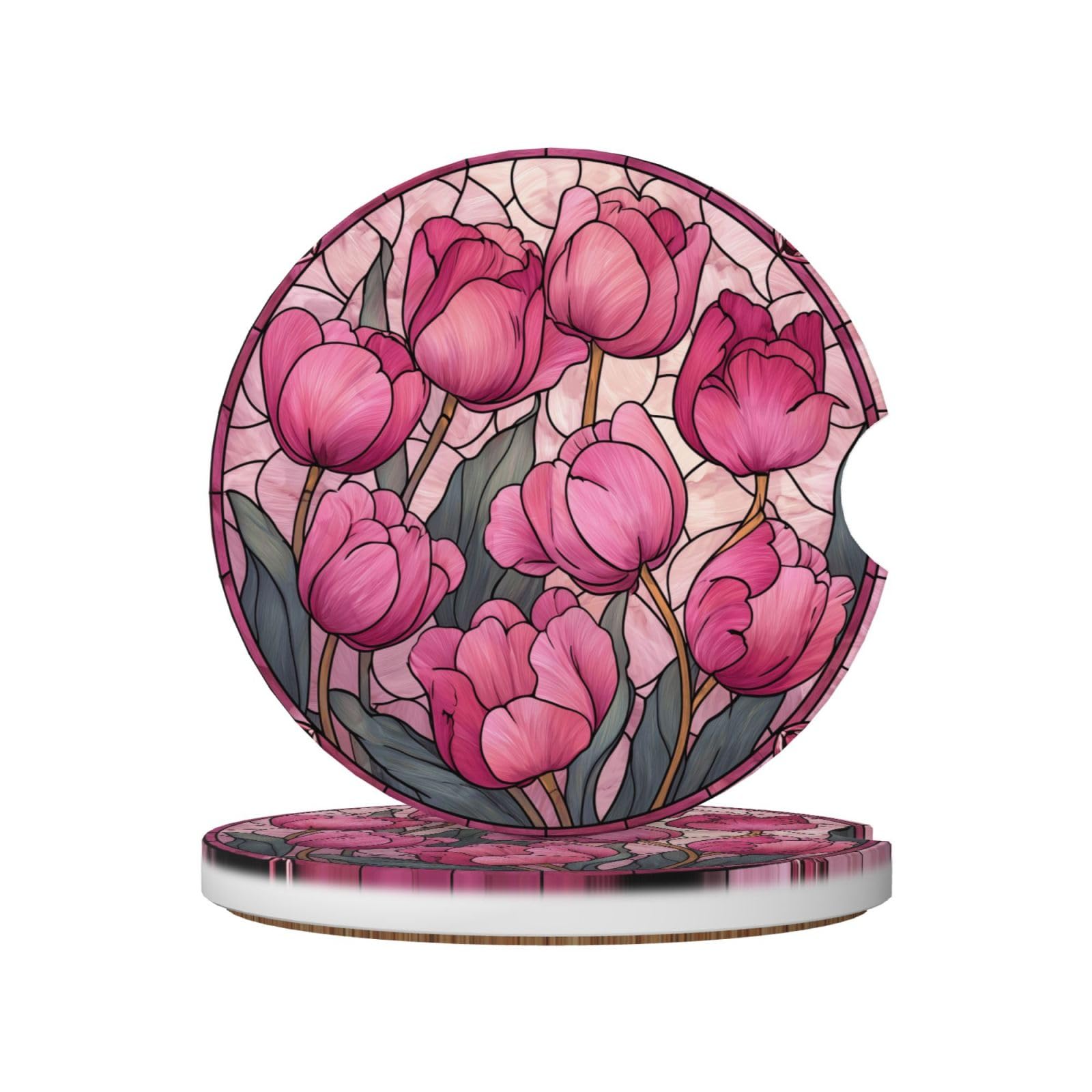 Stained Glass Tulip Pink Flowers Ceramic Coasters,2pcs