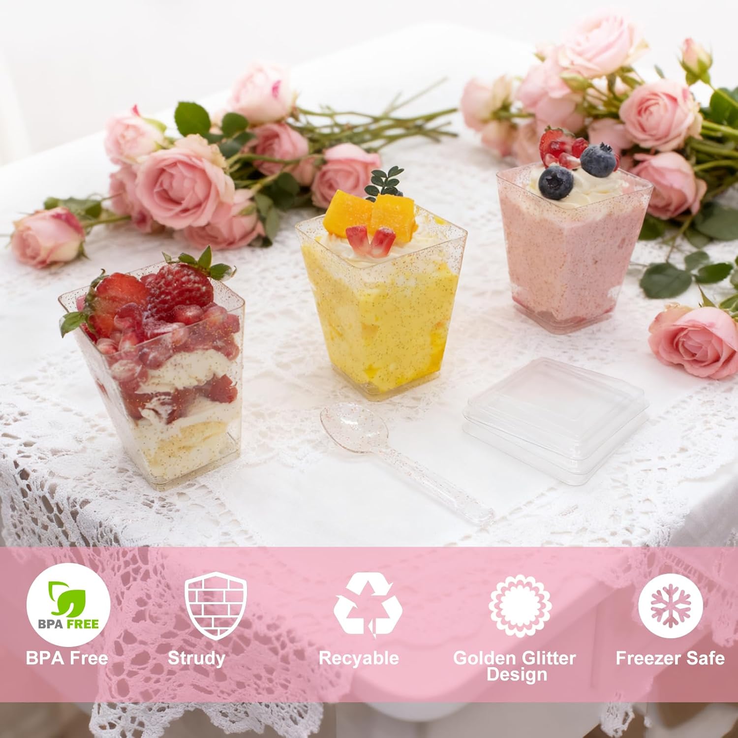 180 Pack Gold Glitter Dessert Cups with Lids and Spoons 5Oz Plastic Square Yogurt Parfait Appetier Cups for Party Disposable Small Dessert Shooter for Ice Cream,Fruit and Pudding - Image 4