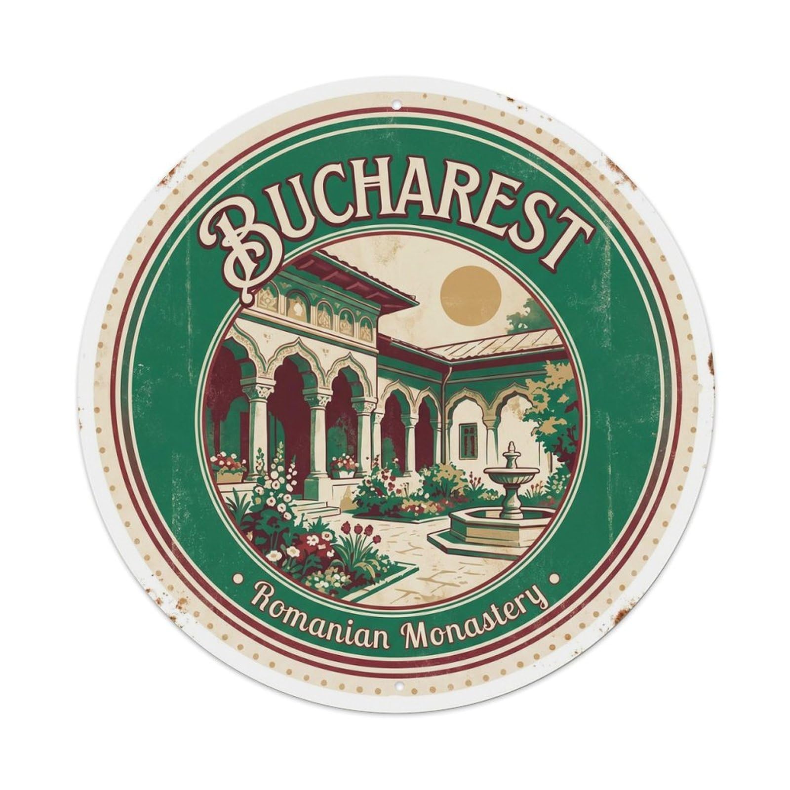 Classic Bucharest Romanian City Monastery Scenic Landmark Metal Tin Sign Plaque Wall Decor for Cafe, Man Cave, Club Bar, Office, Home Garden Round Metal Poster 8x8Inch