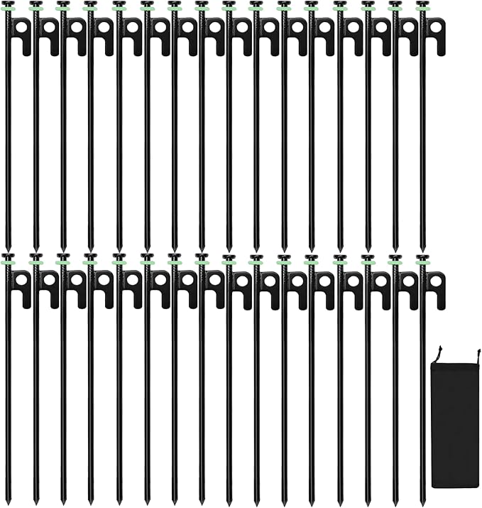 Tent Stakes, 16" Heavy Duty Tent Stakes With Storage Bag, Diameter 3/8" Forged Steel Stakes For Tents On Rocks, Grassland, Snowfield (24 Pack 16