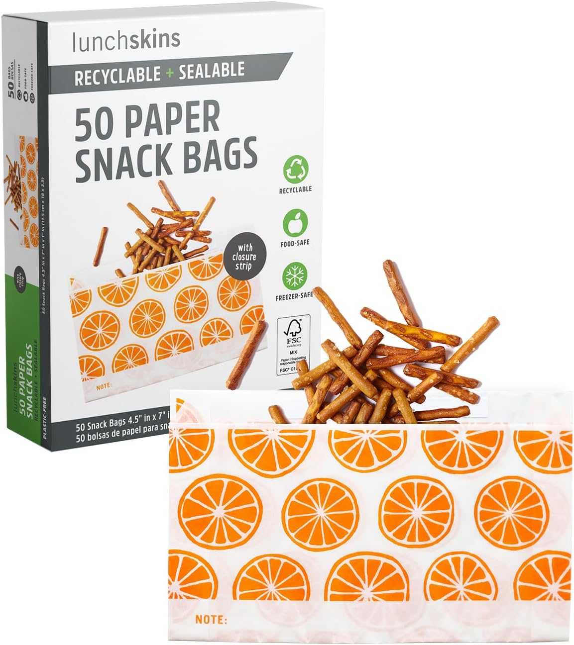Lunchskins Recyclable + Sealable Food Storage Snack Bags Orange, 50 count