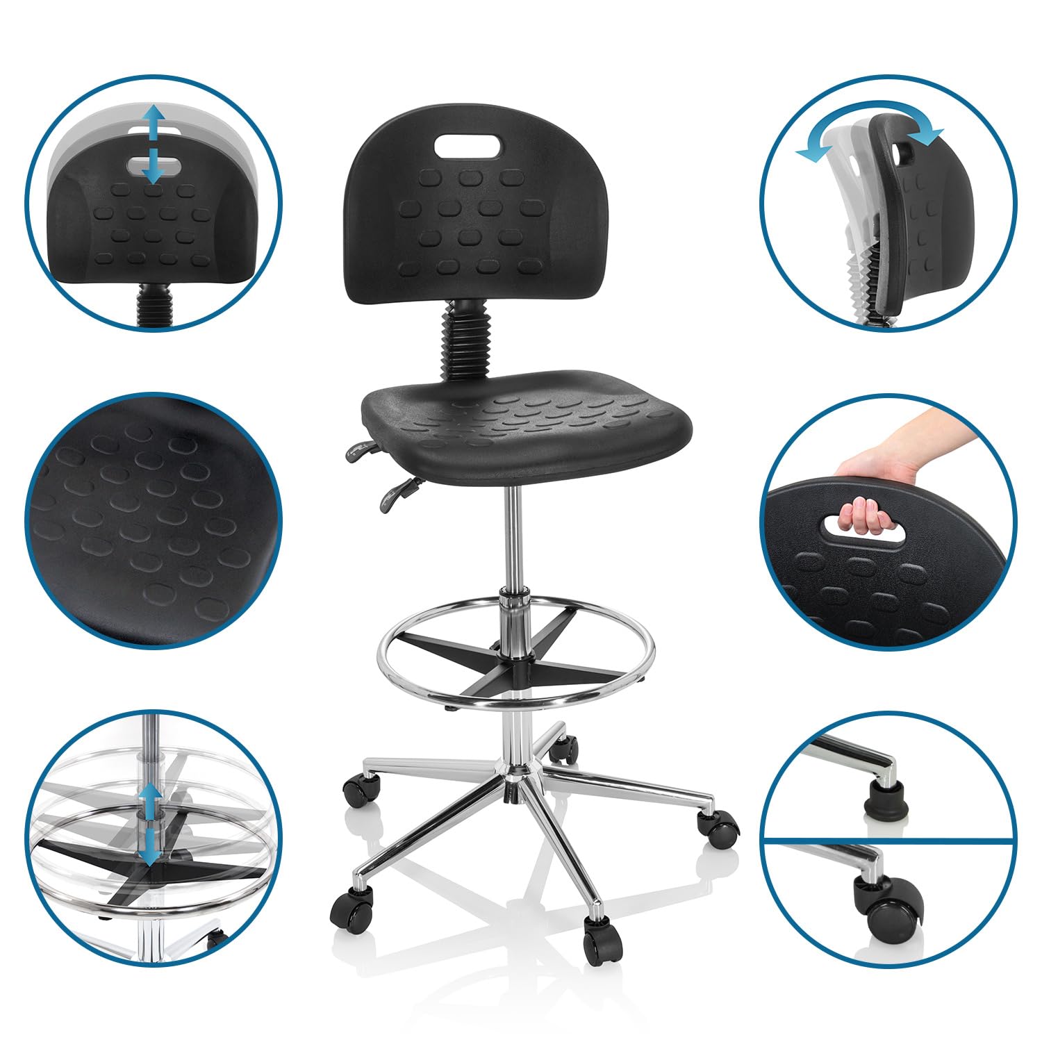 hjh OFFICE 830097 Silla de Trabajo Top Work 23 I Asiento de PU-Espuma Duro Antideslizante, con Ruedas y Tapones, Negro