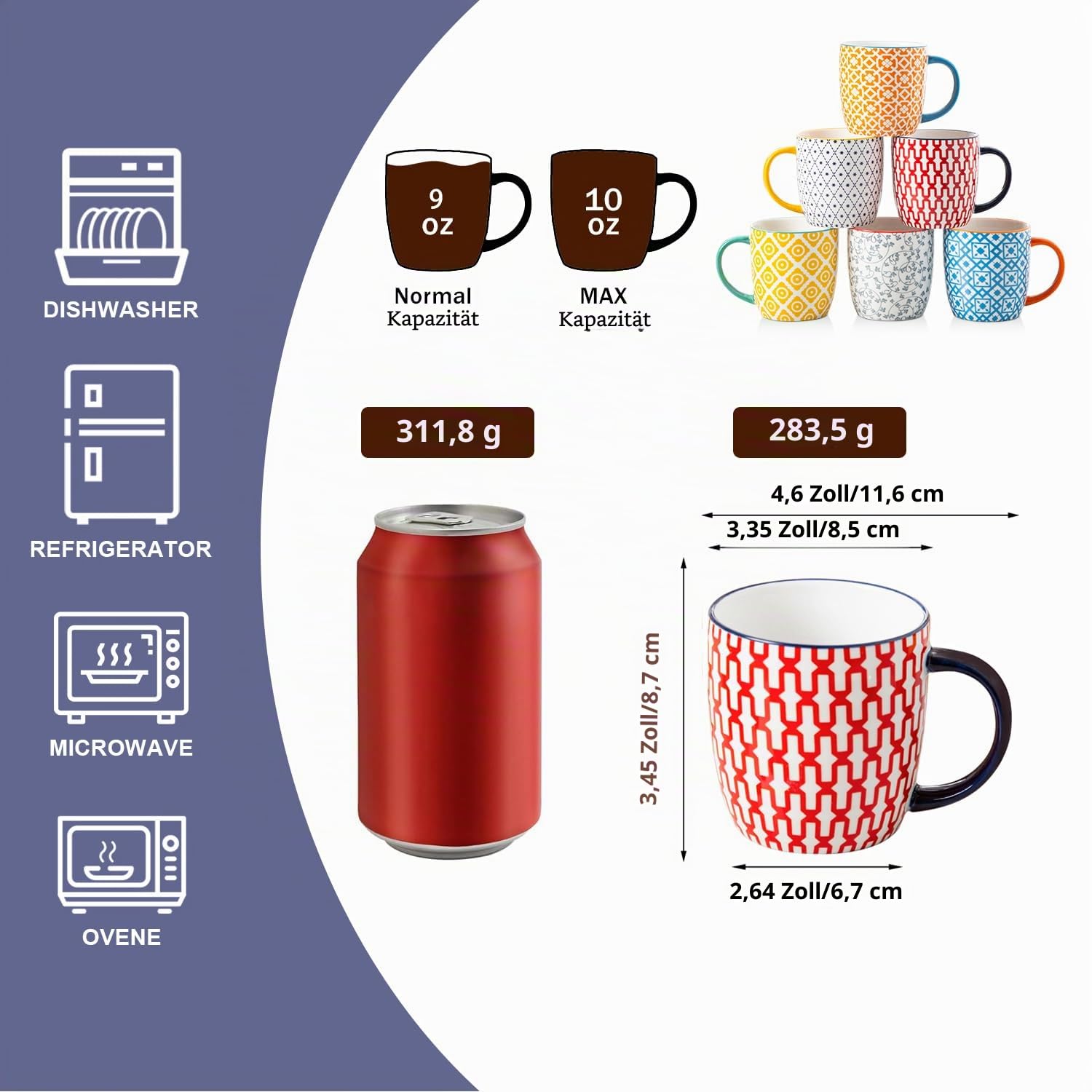 Keramik Kaffeebecher Set - 350 ml große Porzellan Teetassen mit Henkel für Cappuccino Latte Kakao Milch Tee - Weihnachten Housewarming Geschenk - Set von 6 - Bunt