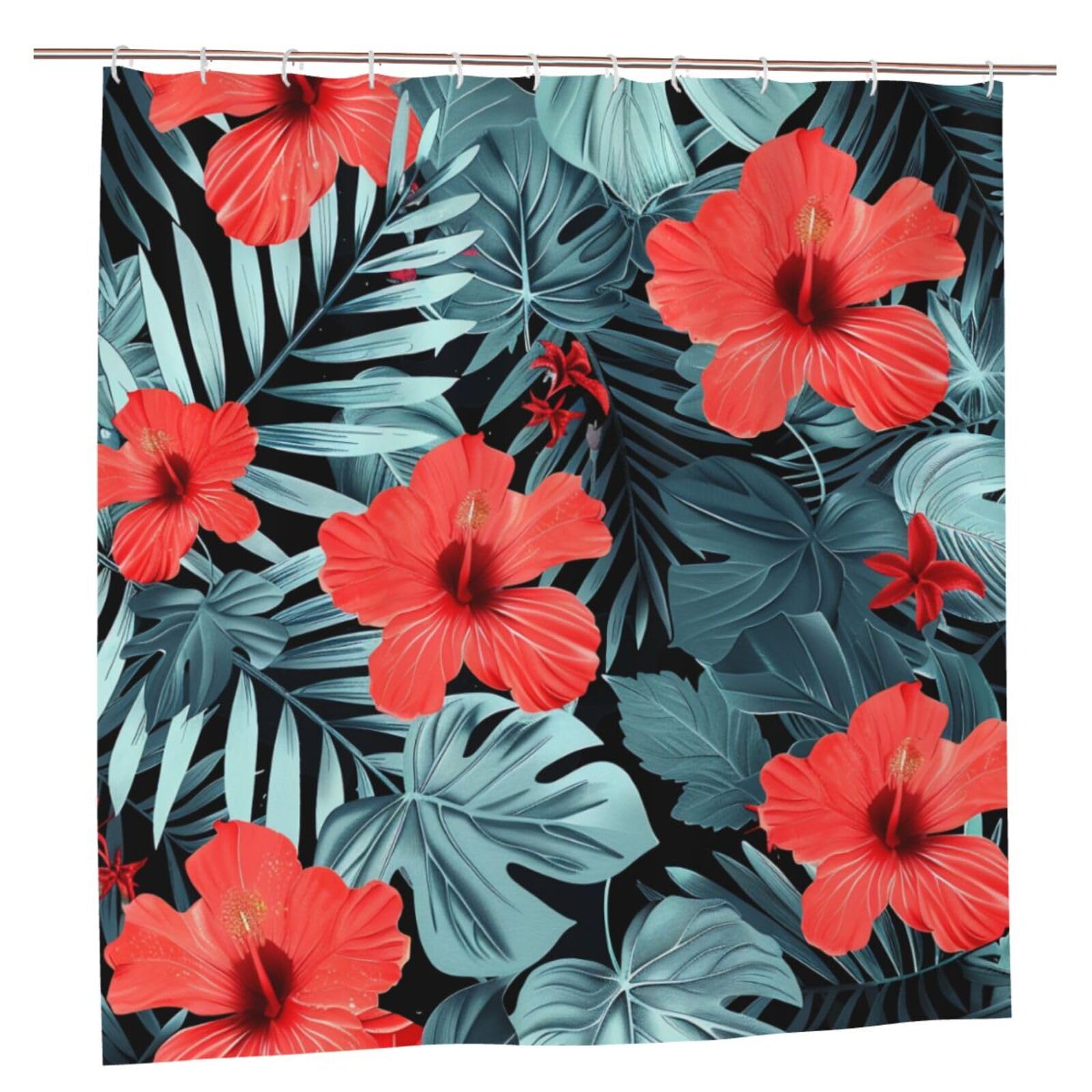 BWWHCCTI Red Hibiscus Printed Shower Curtain With 12 Plastic Hooks Opaque Quick Drying Waterproof Shower Curtains Sets For Bathroom 183x183 CM