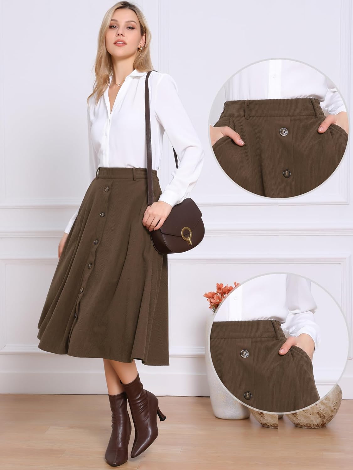 Allegra K Corduroy Skirt for Women Button Front High Waist Vintage Stretch A-Line Flared Casual Midi Skirts with Pockets - Image 2