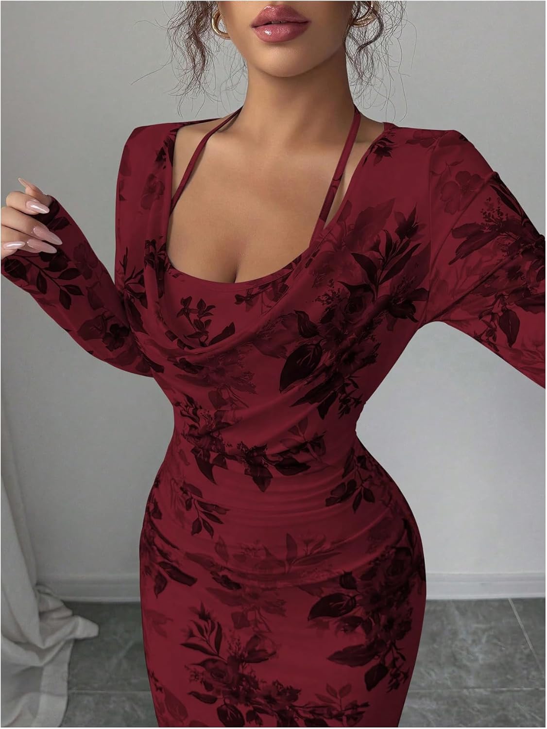 Women's Floral Ruched Bodycon Dress Elegant Cowl Neck Long Sleeve Maxi Sundress Wedding Guest Dresses - Image 3