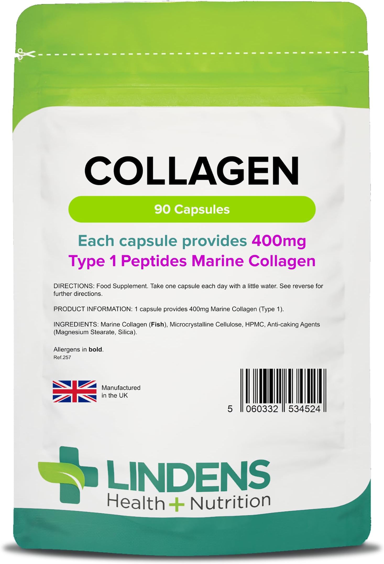 Collagen 400mg - 90 Capsules - One-A-Day - UK Made - Marine Source Hydrolysed Collagen - Supports Bones, Cartilage, Ligaments, Tendons and Connective Tissues - Letterbox Friendly