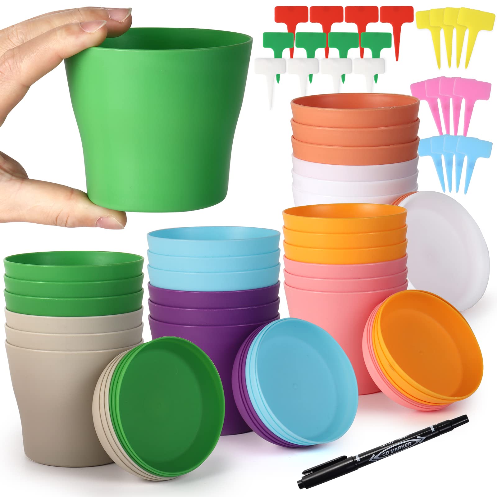 Macetas de 4 pulgadas con platillos en 8 colores para plantas y semilleros, pack de 24 unidades