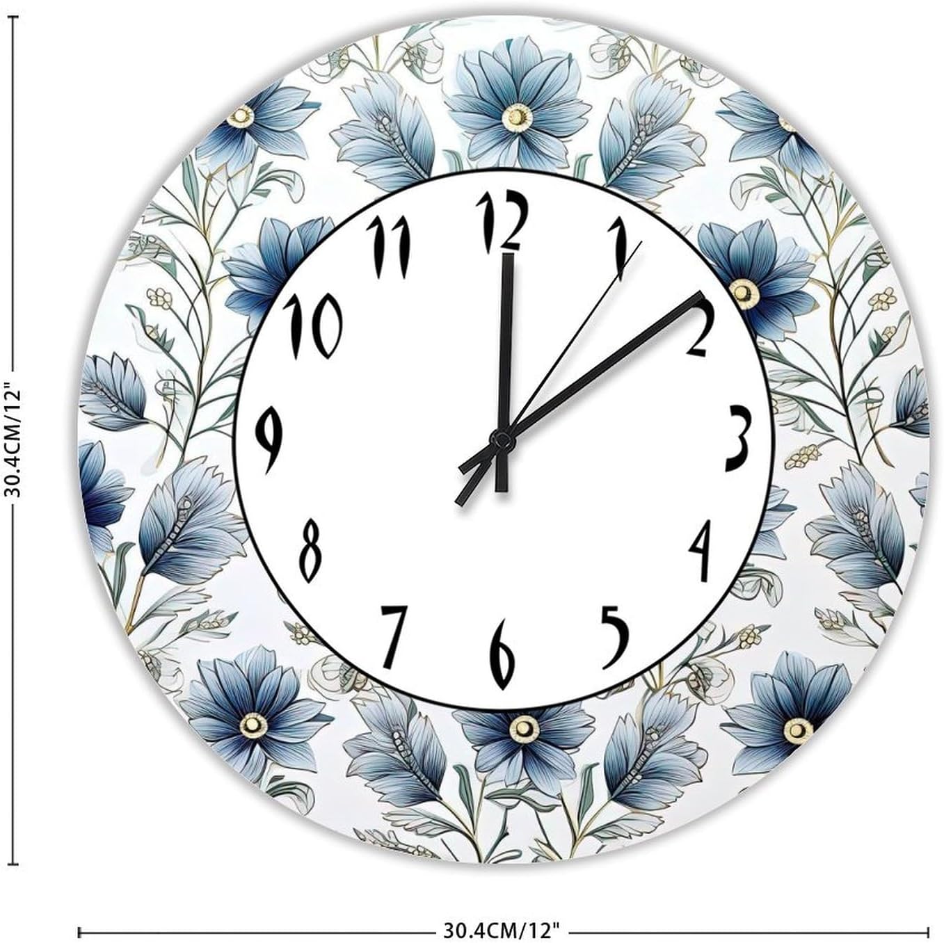 Funny Farmhouse Round Wooden Clock 12in,Blue Floral Silent Non-Ticking Battery Operated Wood Wall Clock for School Classroom Nursery Cafe Bar Pub Home Decor