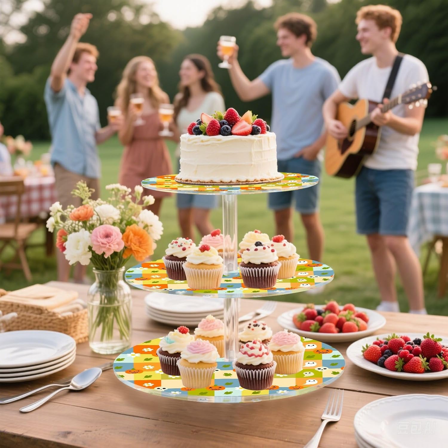 Pumpkin Ghost Leaves Flowers Floral 3 Tier Acrylic Cupcake Stand, Cupcake Stand for 34 Cupcakes for Weddings, Christmas,Holidays,Parties,Birthday,Printed Cupcake Tower 23300295