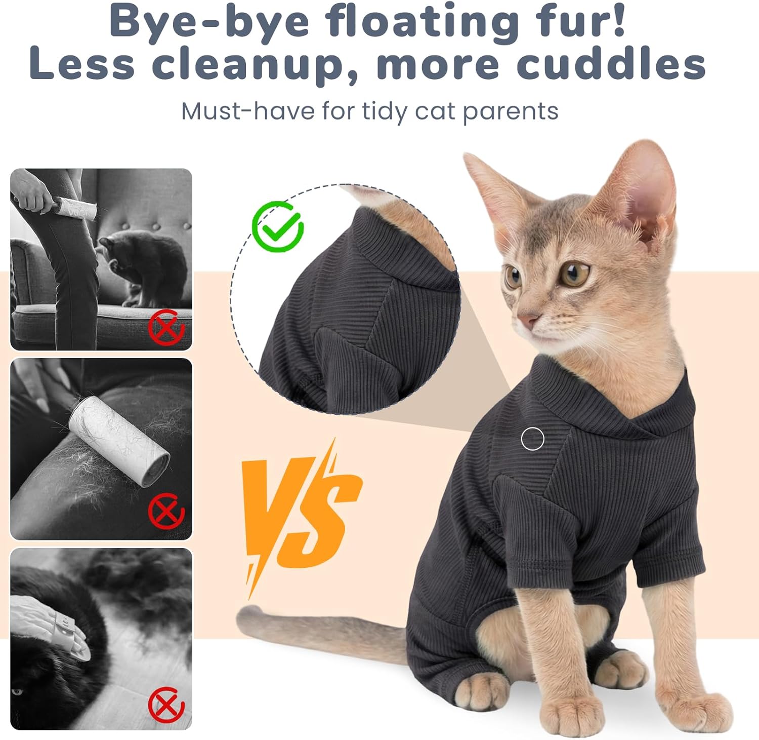 Sticky Hair Cat Clothes, Breathable & Lightweight, Reduces Shedding Fur Pajamas, Full Body Long Sleeve Surgical Bodysuit, Stop Licking & Shedding Darkgrey L