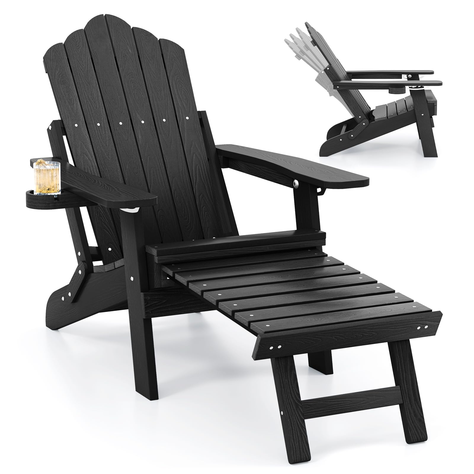 GIANTEX Silla Adirondack Plegable con Reposapiés Retráctil, Tumbona de Hips con Respaldo Ajustable y Portavasos, Carga hasta 180 kg, Silla de Relax para Jardín, Balcón, Patio (Negro)