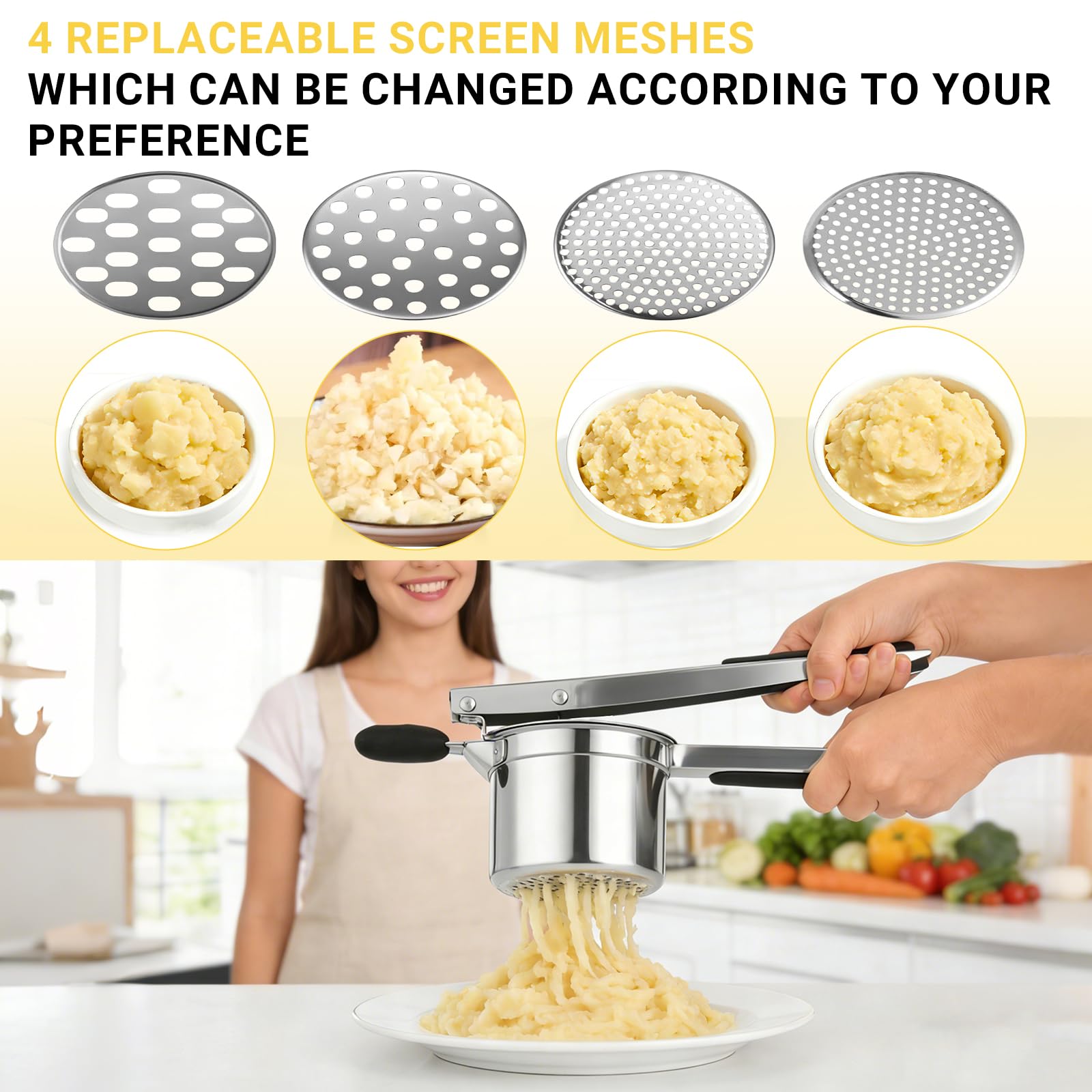 Schiacciapatate Multiuso, Grande Capacità, Struttura In Acciaio Inossidabile 430, Con Quattro Lame Intercambiabili Ideale Per Preparare Purè Di Patate, Succhi e Marmellate