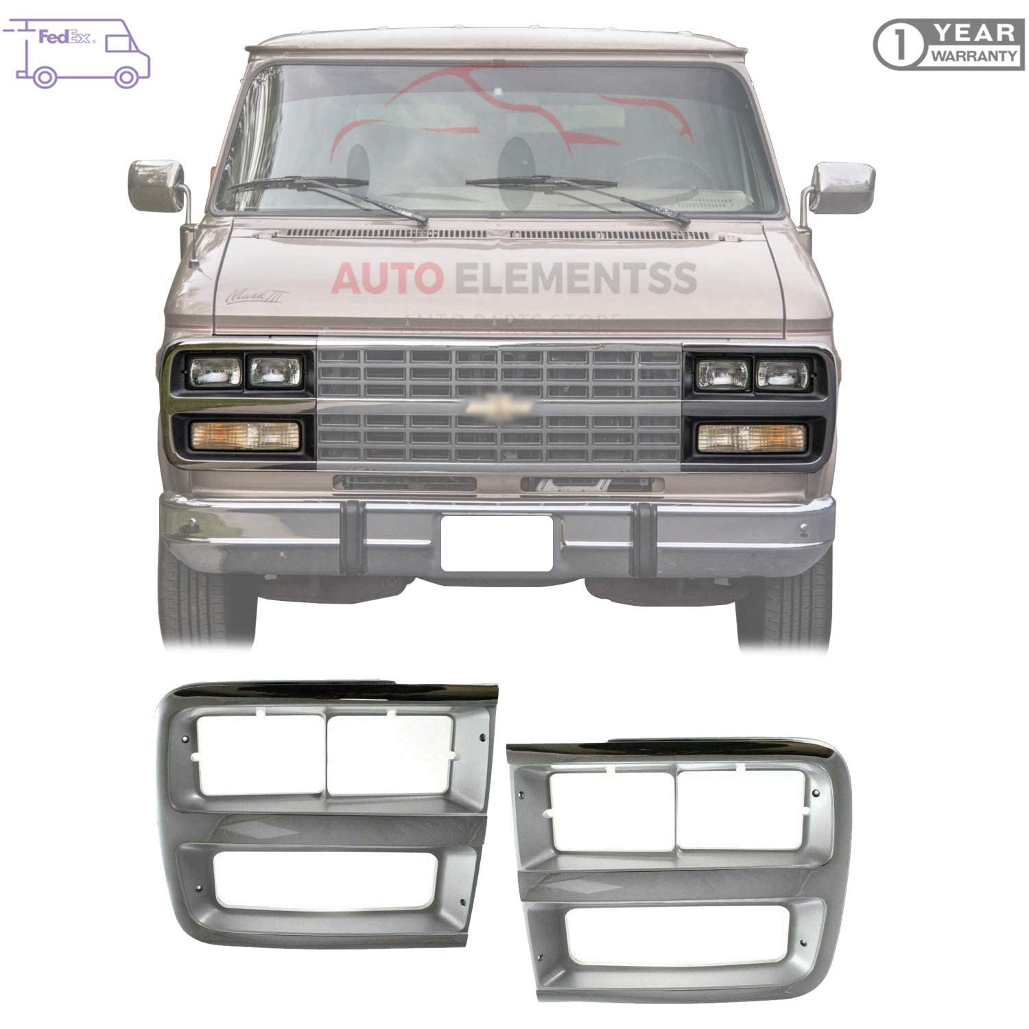 New Front Headlight Bezel Chrome / Gray Left Driver & Right Passenger Side For 1992-1996 Chevrolet G-Series Van Direct Replacement 15685966 15685965