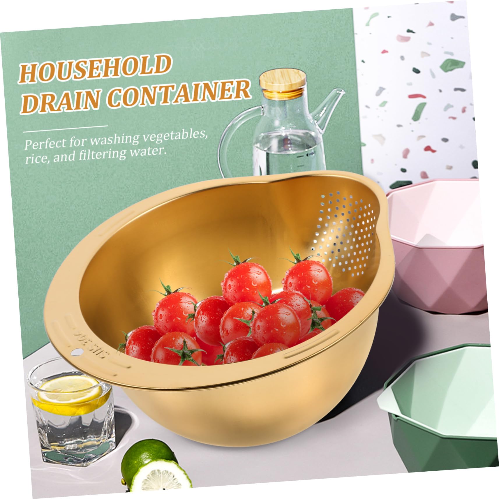 TOYANDONA Colador Multi-funcional y Elegante de Acero Inoxidable Dorado para Lavar Arroz Práctico Recipiente para Escurrir para Cocina Diaria