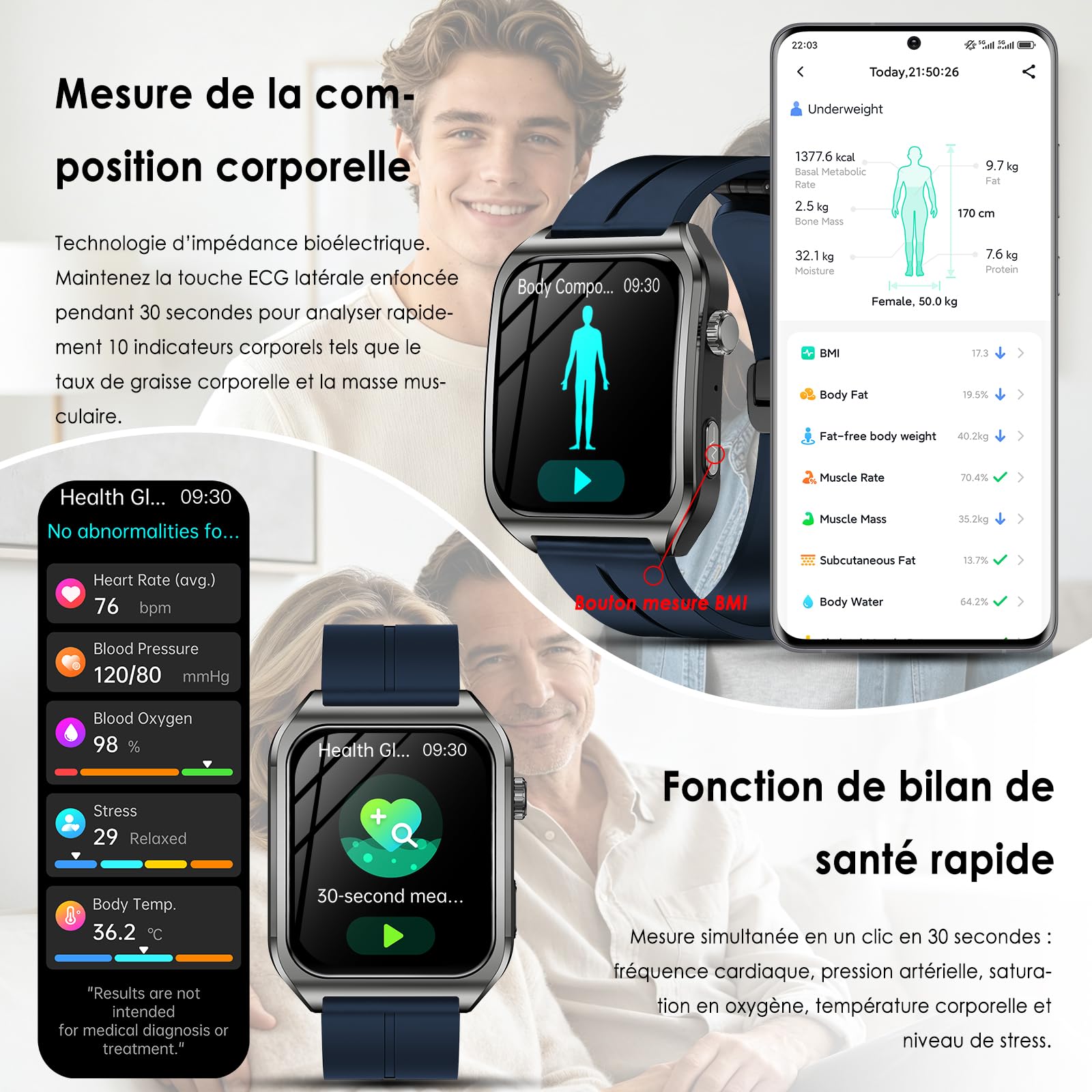 Marsyu Montre Connectée Homme ECG/IMC/HRV/Tension Artérielle IP68 Étanche