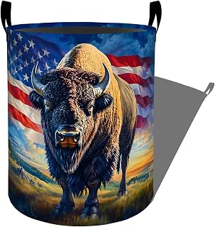 Patriotic Bison Laundry Basket, Wild Animal American Flag Storage Hamper, Round Collapsible Waterproof Cloth Bin, 19.7x15.7 Inch Rustic Clothes Organizer Gifts for Bathroom Decor