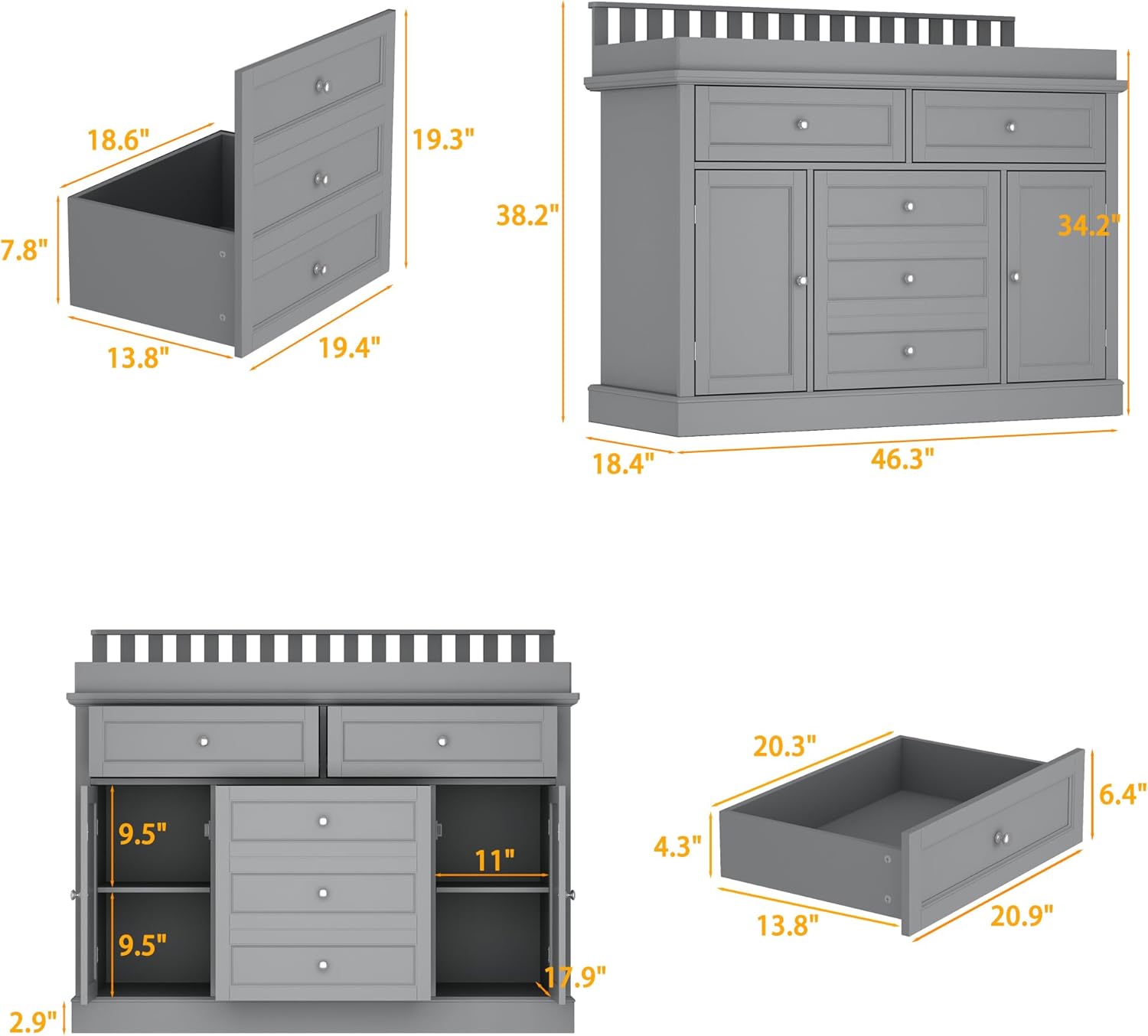 Nursery Dresser with Changing Table Top, 46" W Baby Dresser with 2 Drawers, Laundry Basket & Raised Guard, Infant Diaper Changing Storage Organize Station for Nursery and Baby Bedroom, Grey